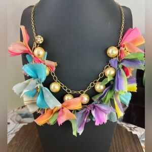 Lenora Dame Colorful Fabric & Champagne Colored Faux Glass Pearl Necklace 32” D1